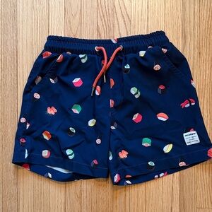 Mosmann Navy Sushi Print Swim Shorts with Coral Drawstring